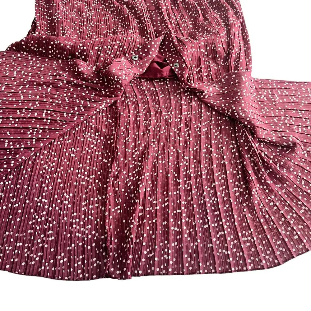 Zara Burgundy Red Polka Dot Print Pleated Tie Waist Maxi Skirt Size XL
